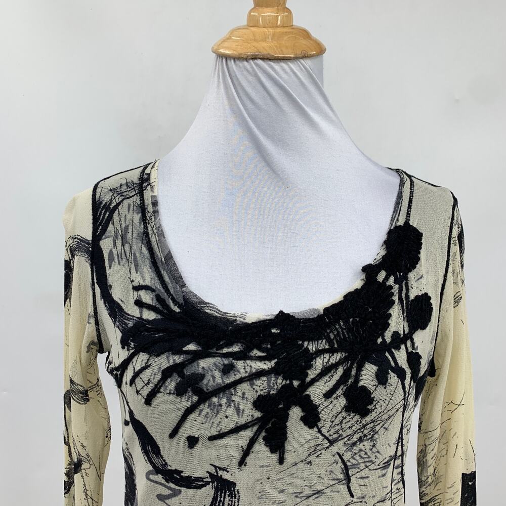 Fuzzi Top Womens L Large Long Sleeve Mesh Abstract Sheer Sleeves Raw Edge Shirt - Picture 4 of 11
